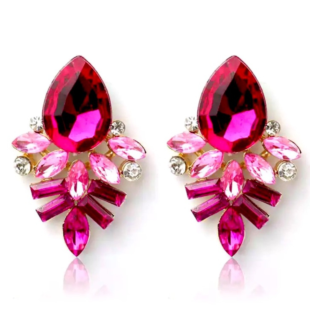 New! Fuschia Pink 2- Tone Gemstone Statement Luxe Boutique Earrings